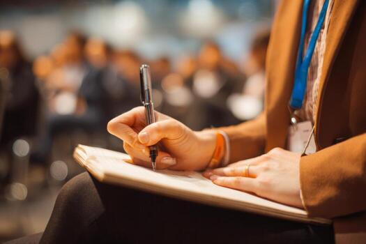 A participant actively writes notes in a notebook during a conference, surrounded by a crowd of engaged attendees. The atmosphere is focused and professional as information is shared photo