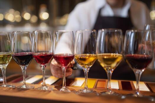 A person is serving wine at a tasting event. Various glasses filled with red, white, and ros wines are lined up on a wooden table. Colorful labels and tasting notes are beside each glass photo