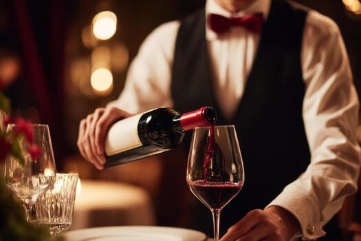 A waiter in a formal outfit carefully pours red wine from a bottle into a glass. The setting is upscale, with warm lighting and a sophisticated atmosphere, creating a special dining moment photo