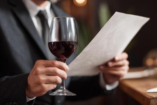 A man dressed in a suit holds a glass of red wine while looking at a menu in a warm, inviting restaurant. The ambiance is relaxed and intimate, perfect for dining photo