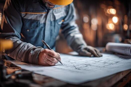 A worker is focused on drafting detailed architectural plans on a large sheet of paper. The workshop is filled with warm light, highlighting the tools nearby and creating a productive atmosphere photo