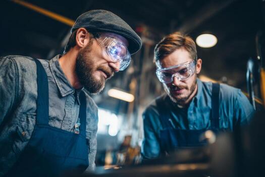 Men in work clothes are collaborating in a well-lit workshop. They wear safety glasses and are focused on their task, showcasing teamwork and concentration on the mechanical project photo