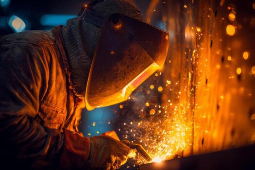 un experto trabajador se involucra en soldadura dentro un taller. el escena es iluminado por brillante chispas como el soldador se enfoca en su tarea, creando un vibrante visual efecto en el oscuro ambiente foto