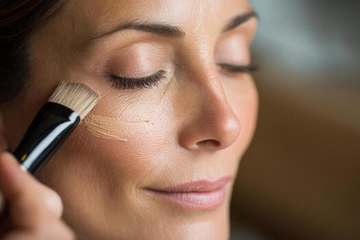 A woman smiles softly as she applies foundation to her cheek with a brush. She appears calm and focused in a cozy setting, preparing for an event or gathering photo
