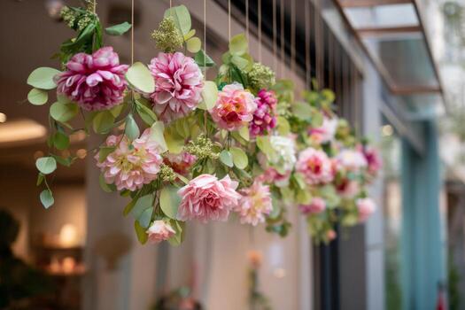 Bright pink and white flowers are elegantly suspended from a storefront, adding charm to the cozy atmosphere of the shop. Green leaves complement the floral display nicely photo