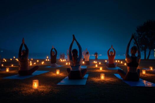 Participants engage in a calming yoga session near a lake during the evening. Candles illuminate the scene, enhancing the peacefulness of the night photo