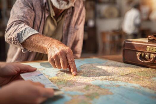 Two people are discussing travel plans at a wooden table in a warm travel shop. One points at a map while the other holds tickets, surrounded by travel gear photo