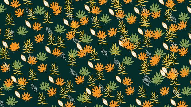 botánico antecedentes presentando tropical verde y naranja hojas arreglado en un oscuro fondo, ideal para tela, fondo de pantalla, invitaciones, carteles, web y decorativo diseño proyectos vector