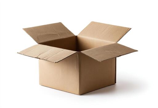 Open cardboard box with flaps unfolded, casting a soft shadow against a white background photo