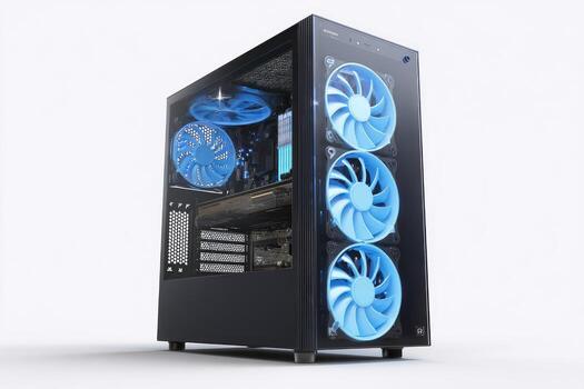 A modern computer case with visible internal components and bright blue LED cooling fans photo