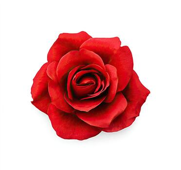 un vibrante, de cerca Disparo de un completamente floreció, profundo rojo Rosa en contra un llanura blanco antecedentes foto