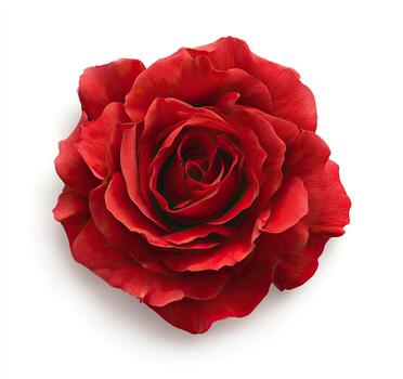 A vibrant, fully bloomed red flower with layered petals sits on a white backdrop photo