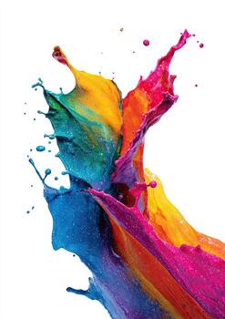 Vibrant splash of multicolored paint against white backdrop. Frozen motion, dynamic textures photo