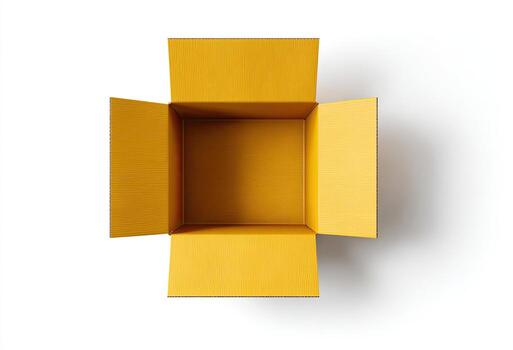 Overhead shot of an empty open cardboard box casting a shadow on a stark white backdrop photo