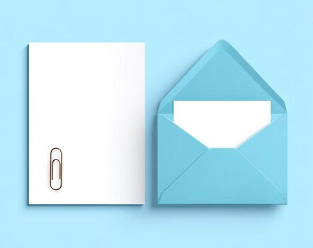 Two blank paper rectangles, one with a clip, and a blue envelope, against a blue backdrop photo
