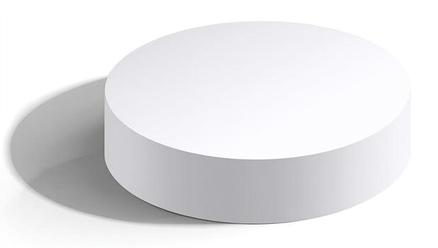 Isometric view of a white, cylindrical podium with a soft shadow cast on a white surface photo