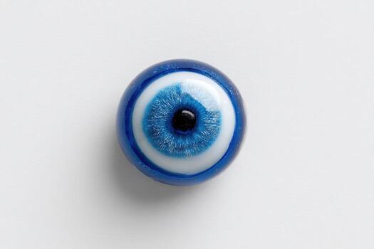 A close-up of a round, blue, glass amulet shaped like an eye, resting on a white surface photo