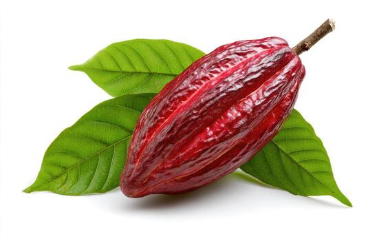 Close-up of a vibrant, red cacao pod with fresh, green leaves on a white background photo