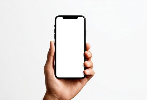 Hand holding smartphone with blank screen against white background, displaying mockup photo