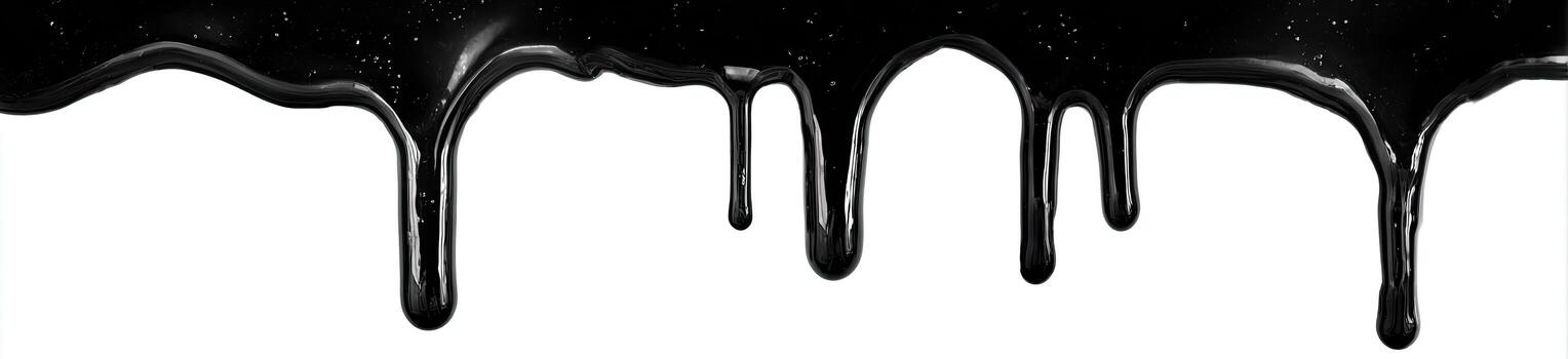 Dark, viscous substance dripping down against a white background photo