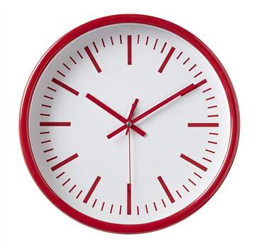 A circular wall timepiece with a red frame, white face, and red hands, showing time photo