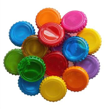 A pile of assorted, brightly colored metal bottle caps against a clean white background photo