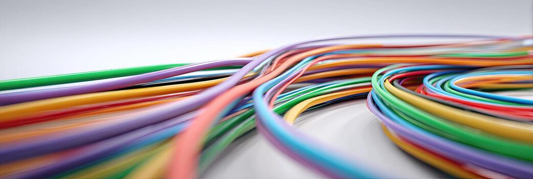 Vibrant, flexible cables in various colors twist and turn against a soft, white background photo
