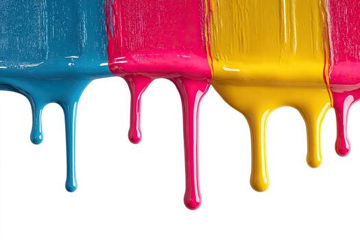 Close-up of vibrant, dripping primary colored paint against a stark white background photo