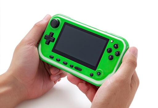 A person holds a green handheld gaming console with black controls, against a white background photo