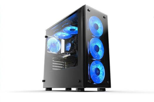 Angled shot of a black computer tower with vibrant blue internal fans and tempered glass photo
