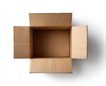 An overhead shot shows an open, empty cardboard box on a white background photo