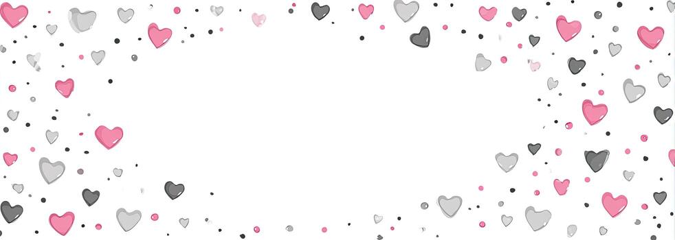 Scattered hearts in pink, gray, and dark gray, with small dots, on a white background photo
