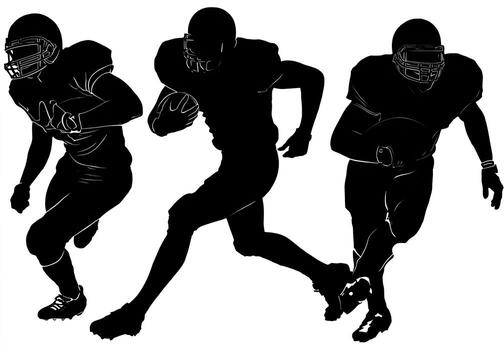 Black silhouettes of three football players in action, running and passing, with equipment photo