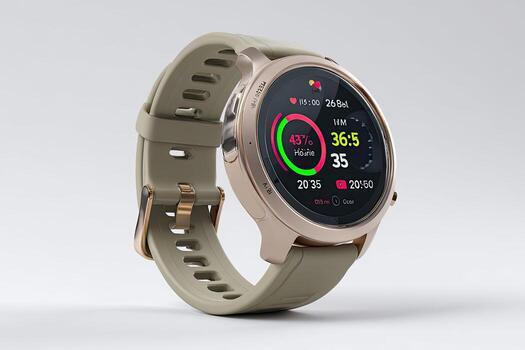 A gold-toned smartwatch displays health metrics on a white background, angled slightly photo