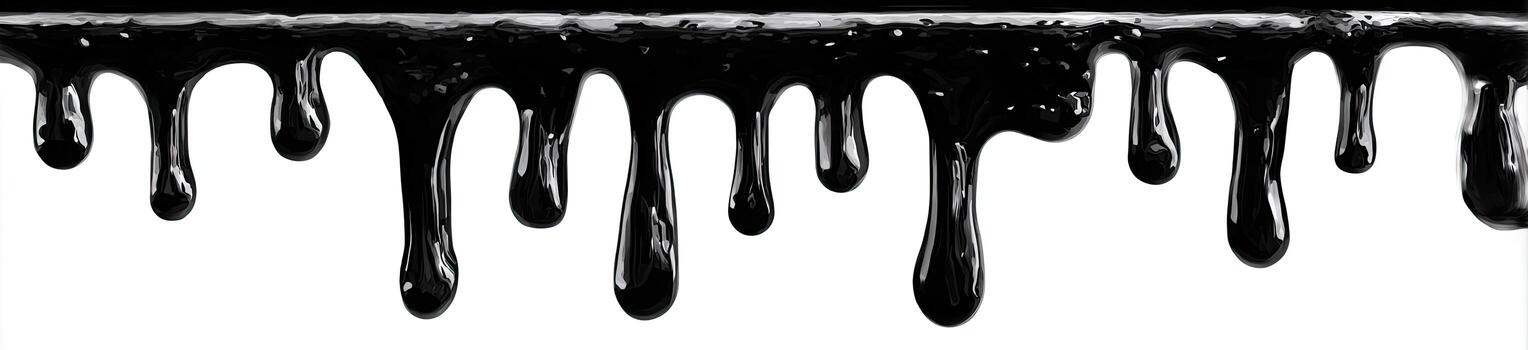 A row of glossy, black drips hanging from a top edge against a white background photo