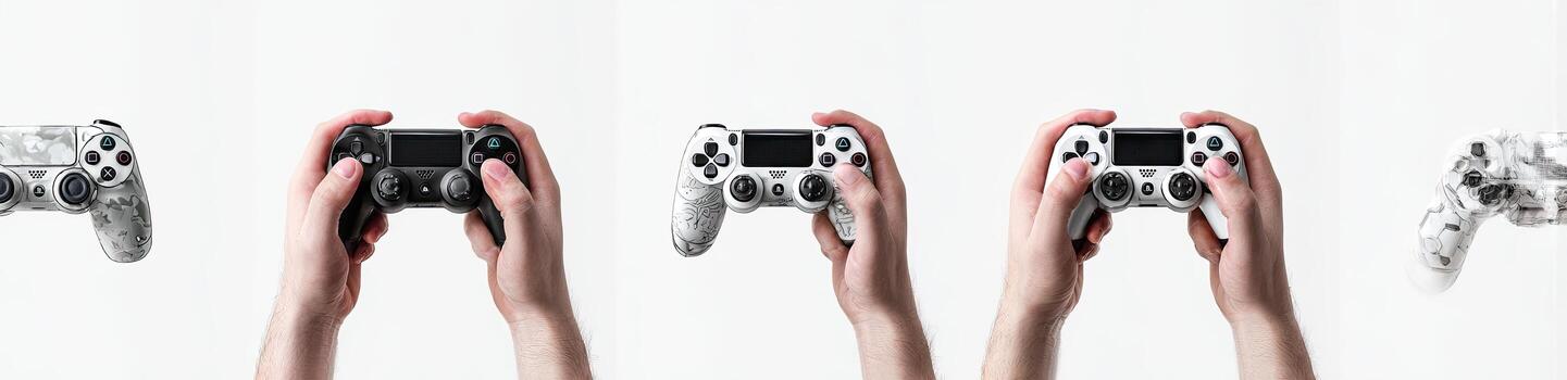 Hands holding game controllers on a white backdrop, featuring different colors, in series photo