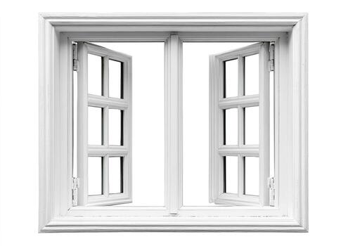 A bright white, double-hung window is partially opened, revealing a bright, white background photo
