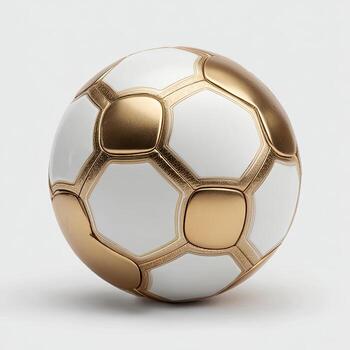 A close-up shot of a white and gold patterned soccer ball isolated on a white backdrop photo