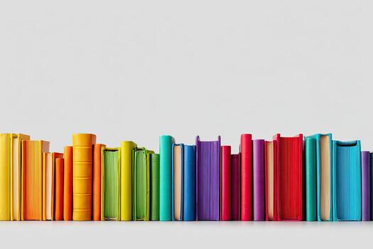 A vibrant, colorful row of books, spines facing forward against a plain white background photo