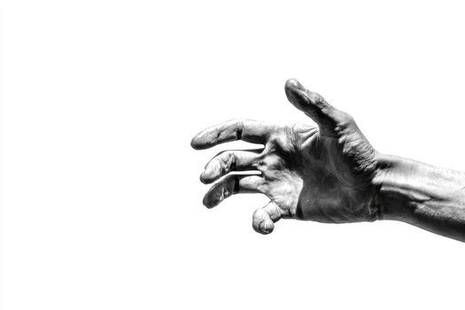 Black and white image of a hand, fingers curved in a grasping position, set against a stark white backdrop photo