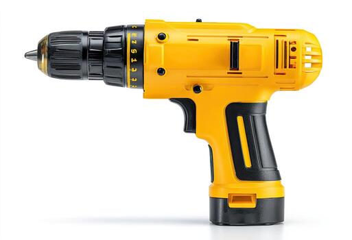 A yellow and black cordless drill with a metallic drill bit on a white background photo