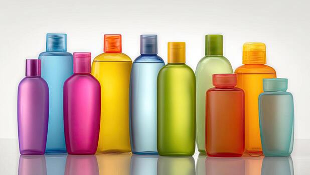 Various translucent bottles of brightly-colored liquids standing in a row against a gradient backdrop photo