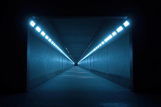 A long, symmetrical tunnel, bathed in blue light from overhead fixtures, leading to a dark end photo