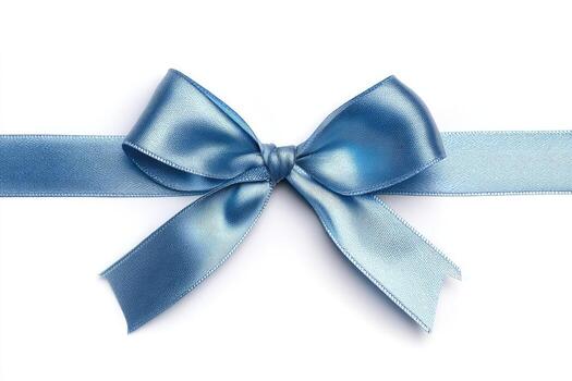 Close-up of a light blue satin bow tied on a ribbon, isolated on a white background photo