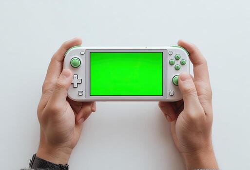 manos participación un Mano consola con un verde pantalla en un blanco antecedentes foto