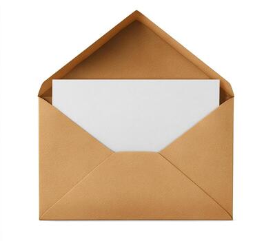 A brown envelope open, revealing a blank white sheet inside. Isolated on a white background photo