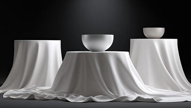 Elegant still life Three bowls, white and beige, displayed on draped pedestals, dark backdrop photo