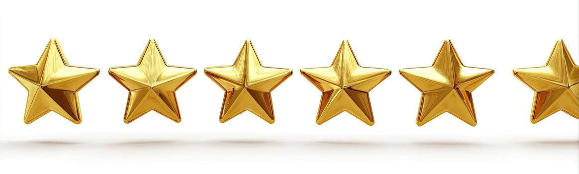 Six gold five-pointed stars in a row on a white background, suggesting rating photo