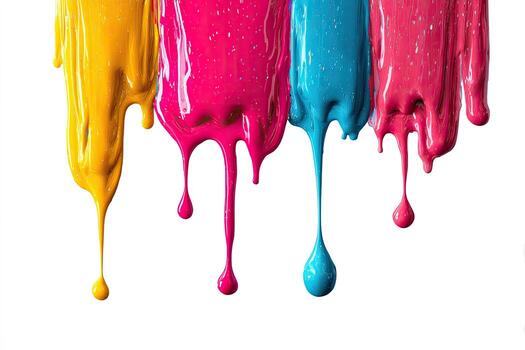 Four colorful paint streams, yellow, pink, blue, and red, dripping downward against a white background photo