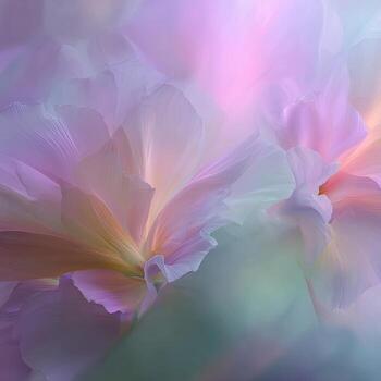 Delicate pastel flowers in soft focus. Close-up, ethereal image of light pink, lavender, and peach flower petals. Blends of color create a dreamy, almost watercolor effect. Soft, blurred background enhances the floral subject photo